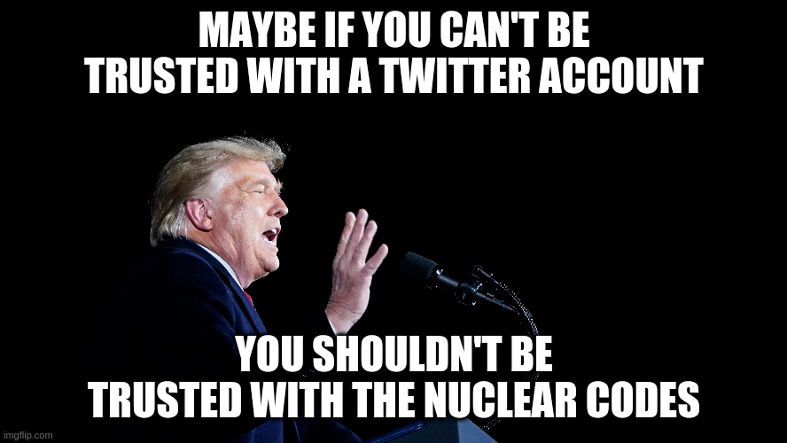Resign, or have the 25th amendment invoked or be impeached | MAYBE IF YOU CAN'T BE TRUSTED WITH A TWITTER ACCOUNT; YOU SHOULDN'T BE TRUSTED WITH THE NUCLEAR CODES | image tagged in trump,25th amendment,impeachment,resign,capitol hill | made w/ Imgflip meme maker