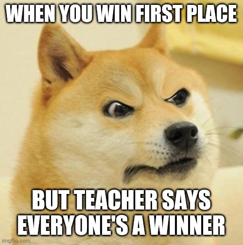 Confused Angery Doge | WHEN YOU WIN FIRST PLACE; BUT TEACHER SAYS EVERYONE'S A WINNER | image tagged in confused angery doge | made w/ Imgflip meme maker