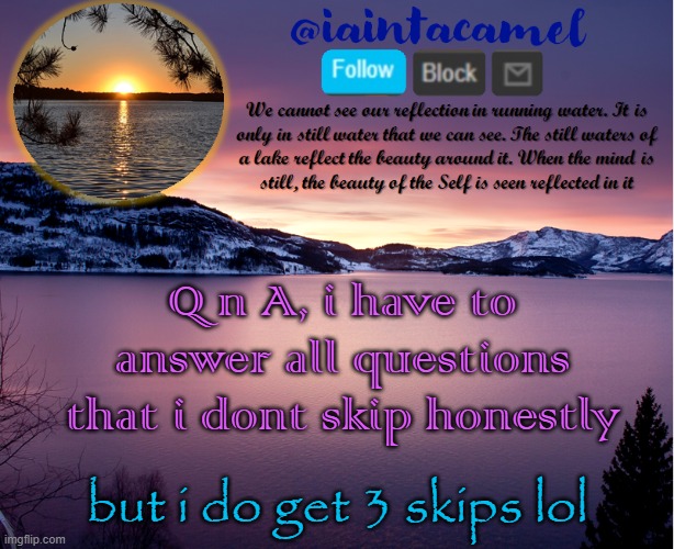 im scared ngl lol | Q n A, i have to answer all questions that i dont skip honestly; but i do get 3 skips lol | image tagged in iaintacamel | made w/ Imgflip meme maker