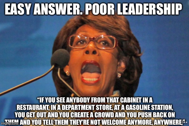 Maxine waters | EASY ANSWER. POOR LEADERSHIP “IF YOU SEE ANYBODY FROM THAT CABINET IN A RESTAURANT, IN A DEPARTMENT STORE, AT A GASOLINE STATION, YOU GET OU | image tagged in maxine waters | made w/ Imgflip meme maker