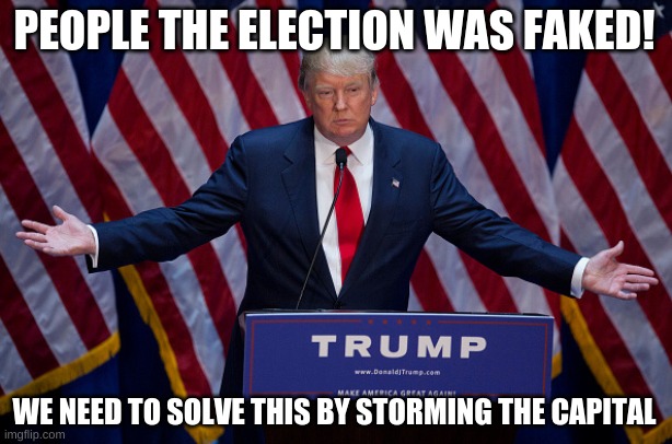 Donald Trump | PEOPLE THE ELECTION WAS FAKED! WE NEED TO SOLVE THIS BY STORMING THE CAPITAL | image tagged in donald trump | made w/ Imgflip meme maker