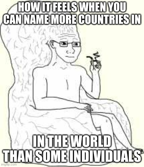 some Americans don't even know where America is! | HOW IT FEELS WHEN YOU CAN NAME MORE COUNTRIES IN; IN THE WORLD THAN SOME INDIVIDUALS | image tagged in big brain wojak | made w/ Imgflip meme maker
