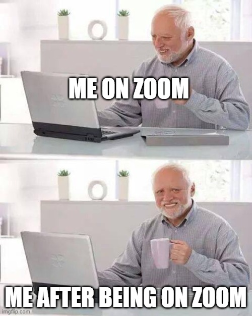 zoom | ME ON ZOOM; ME AFTER BEING ON ZOOM | image tagged in memes,hide the pain harold | made w/ Imgflip meme maker