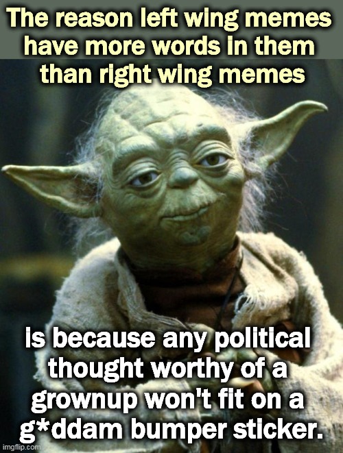 Liberals can meme just fine. | The reason left wing memes 
have more words in them 
than right wing memes; is because any political 
thought worthy of a 
grownup won't fit on a 
g*ddam bumper sticker. | image tagged in memes,star wars yoda,left wing,full,right wing,simple | made w/ Imgflip meme maker