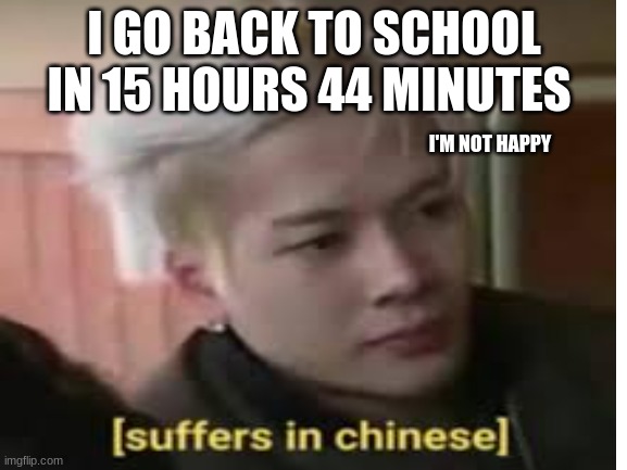 kill me | I GO BACK TO SCHOOL IN 15 HOURS 44 MINUTES; I'M NOT HAPPY | image tagged in kpop | made w/ Imgflip meme maker