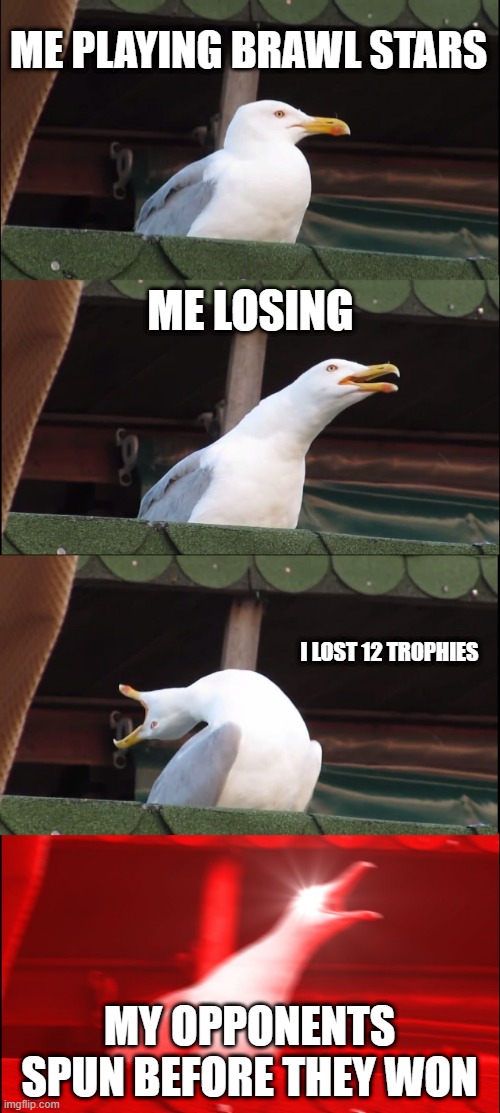 Inhaling Seagull Meme | ME PLAYING BRAWL STARS; ME LOSING; I LOST 12 TROPHIES; MY OPPONENTS SPUN BEFORE THEY WON | image tagged in memes,inhaling seagull | made w/ Imgflip meme maker