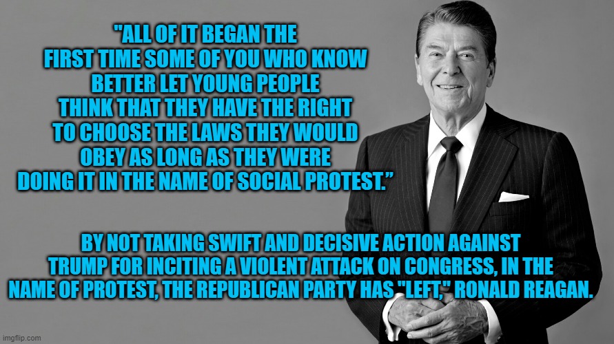 Rules Are Rules. | "ALL OF IT BEGAN THE FIRST TIME SOME OF YOU WHO KNOW BETTER LET YOUNG PEOPLE THINK THAT THEY HAVE THE RIGHT TO CHOOSE THE LAWS THEY WOULD OBEY AS LONG AS THEY WERE DOING IT IN THE NAME OF SOCIAL PROTEST.”; BY NOT TAKING SWIFT AND DECISIVE ACTION AGAINST TRUMP FOR INCITING A VIOLENT ATTACK ON CONGRESS, IN THE NAME OF PROTEST, THE REPUBLICAN PARTY HAS "LEFT," RONALD REAGAN. | image tagged in politics | made w/ Imgflip meme maker