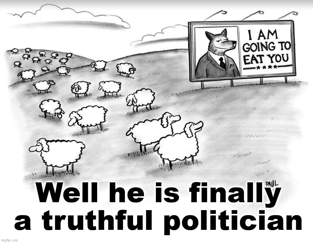 I would rather have someone finally tell us the truth. | Well he is finally a truthful politician | image tagged in lies,political meme,sheep,wolves | made w/ Imgflip meme maker