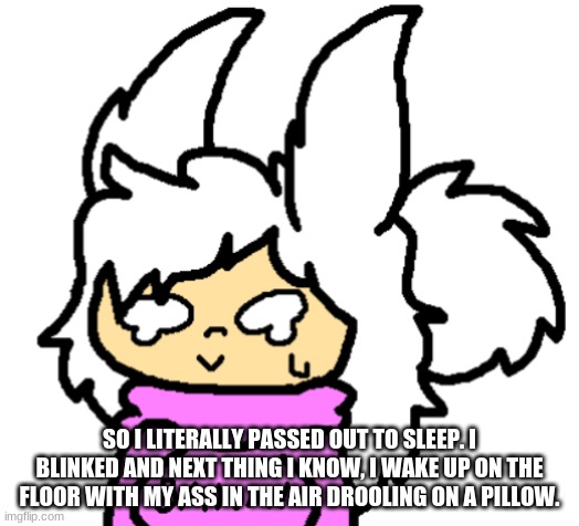 now my head hurts | SO I LITERALLY PASSED OUT TO SLEEP. I BLINKED AND NEXT THING I KNOW, I WAKE UP ON THE FLOOR WITH MY ASS IN THE AIR DROOLING ON A PILLOW. | image tagged in hide the pain aiko | made w/ Imgflip meme maker