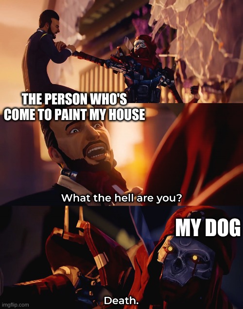 What the hell are you? Death | THE PERSON WHO'S COME TO PAINT MY HOUSE; MY DOG | image tagged in what the hell are you death | made w/ Imgflip meme maker