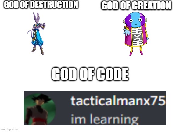 Blank White Template | GOD OF DESTRUCTION; GOD OF CREATION; GOD OF CODE | image tagged in blank white template | made w/ Imgflip meme maker