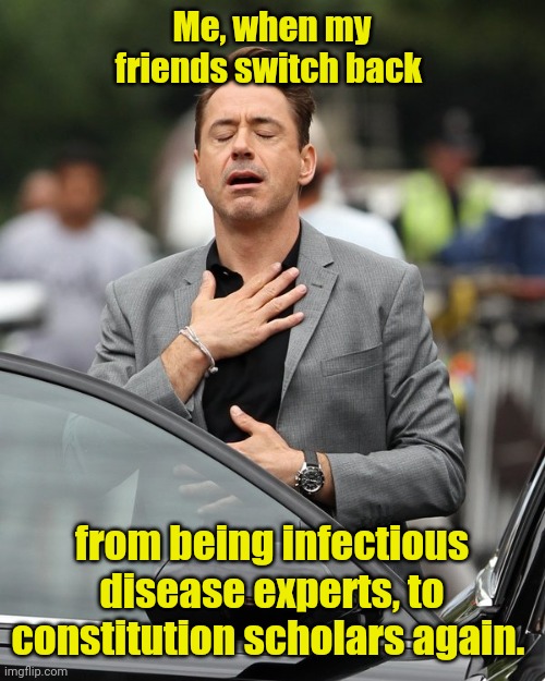 They're so smart. | Me, when my friends switch back; from being infectious disease experts, to constitution scholars again. | image tagged in relief,funny | made w/ Imgflip meme maker
