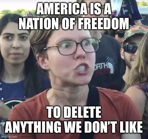 Triggered feminist | AMERICA IS A NATION OF FREEDOM; TO DELETE ANYTHING WE DON’T LIKE | image tagged in triggered feminist,liberal logic,libtards,political meme,new normal | made w/ Imgflip meme maker