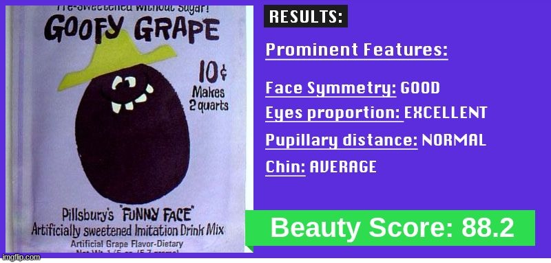 Goofy Grape got an 88 on a beauty test.. | image tagged in goofy grape,funny face,beauty,memes | made w/ Imgflip meme maker