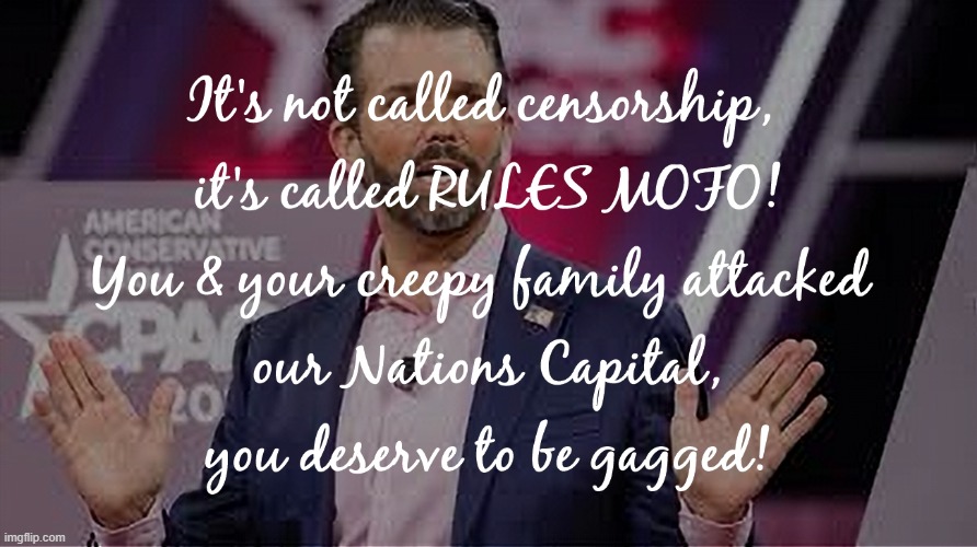 It's not called censorship, it's called RULES MOFO | image tagged in dumbass don jr | made w/ Imgflip meme maker