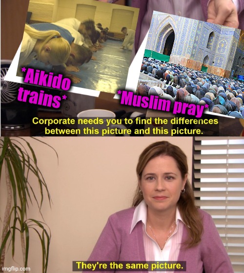 -Sport in it meaning. | *Aikido trains*; *Muslim pray* | image tagged in memes,they're the same picture,thoughts and prayers,muslim advice,extreme sports,hard choice to make | made w/ Imgflip meme maker