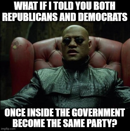 What if i told you | WHAT IF I TOLD YOU BOTH REPUBLICANS AND DEMOCRATS; ONCE INSIDE THE GOVERNMENT 
BECOME THE SAME PARTY? | image tagged in what if i told you,democrats,republicans,politics,government | made w/ Imgflip meme maker