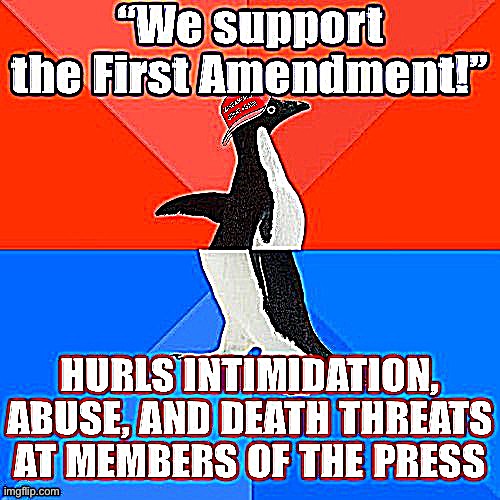 The spirit of 1A isn’t gallows, zip ties, and asking the press corps covering the riot whether they’ve ever worked for CNN | image tagged in conservative hypocrisy,conservative logic,first amendment,freedom of speech,freedom of the press,riots | made w/ Imgflip meme maker