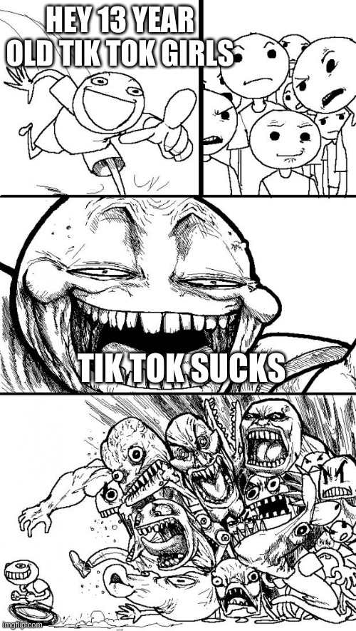 Tik tok | HEY 13 YEAR OLD TIK TOK GIRLS; TIK TOK SUCKS | image tagged in memes,hey internet | made w/ Imgflip meme maker