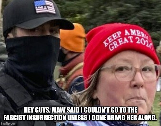 Maw said | HEY GUYS, MAW SAID I COULDN'T GO TO THE FASCIST INSURRECTION UNLESS I DONE BRANG HER ALONG. | image tagged in politics,mommasboy,fascist,ziptieguy | made w/ Imgflip meme maker