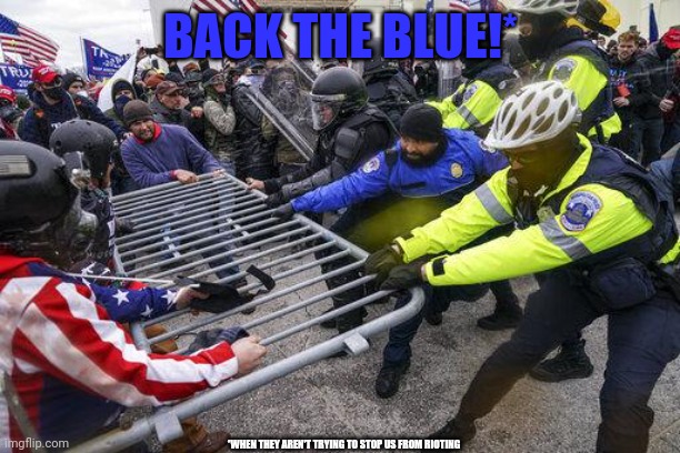 Jan. 6 2021 | BACK THE BLUE!*; *WHEN THEY AREN'T TRYING TO STOP US FROM RIOTING | image tagged in jan 6 2021 | made w/ Imgflip meme maker