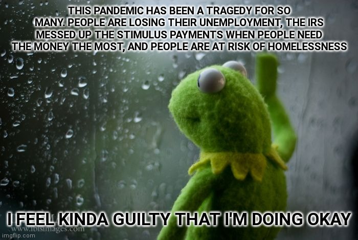 kermit window | THIS PANDEMIC HAS BEEN A TRAGEDY FOR SO MANY. PEOPLE ARE LOSING THEIR UNEMPLOYMENT, THE IRS MESSED UP THE STIMULUS PAYMENTS WHEN PEOPLE NEED THE MONEY THE MOST, AND PEOPLE ARE AT RISK OF HOMELESSNESS; I FEEL KINDA GUILTY THAT I'M DOING OKAY | image tagged in kermit window | made w/ Imgflip meme maker