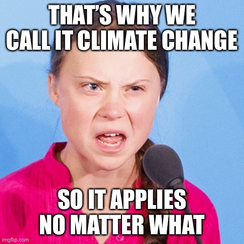 How Dare You | THAT’S WHY WE CALL IT CLIMATE CHANGE SO IT APPLIES NO MATTER WHAT | image tagged in how dare you | made w/ Imgflip meme maker