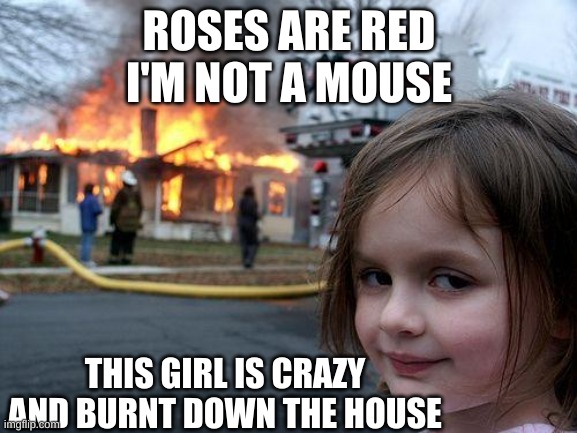 Disaster Girl Meme | ROSES ARE RED
I'M NOT A MOUSE; THIS GIRL IS CRAZY
AND BURNT DOWN THE HOUSE | image tagged in memes,disaster girl | made w/ Imgflip meme maker