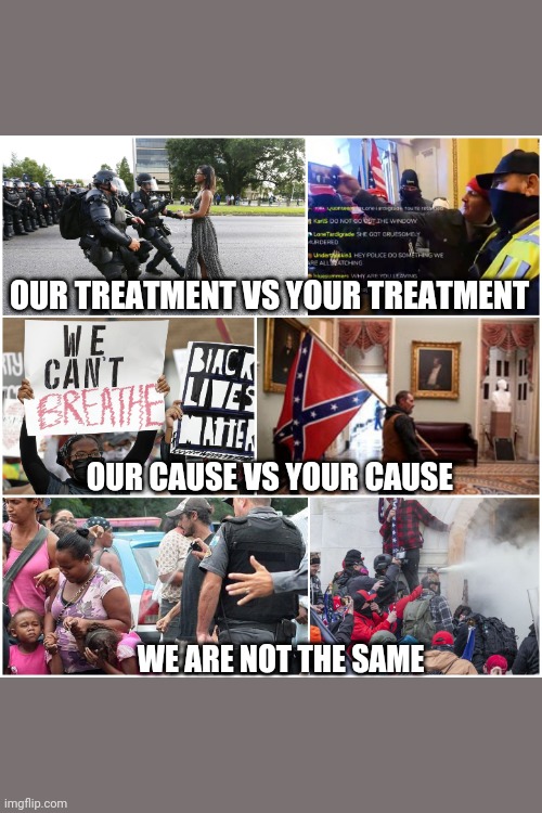 White privilege | OUR TREATMENT VS YOUR TREATMENT; OUR CAUSE VS YOUR CAUSE; WE ARE NOT THE SAME | image tagged in blm,white privilege,blacklivesmatter,white supremacy,capitol hill,trump | made w/ Imgflip meme maker