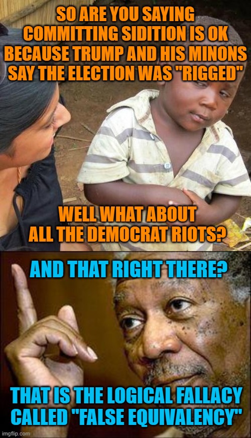 SO ARE YOU SAYING COMMITTING SIDITION IS OK BECAUSE TRUMP AND HIS MINONS SAY THE ELECTION WAS "RIGGED"; WELL WHAT ABOUT ALL THE DEMOCRAT RIOTS? AND THAT RIGHT THERE? THAT IS THE LOGICAL FALLACY CALLED "FALSE EQUIVALENCY" | image tagged in memes,third world skeptical kid,he's right you know | made w/ Imgflip meme maker