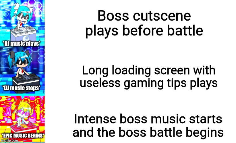 I'm going to get harassed for using Gacha to make this terrible meme, I know. | Boss cutscene plays before battle; *DJ music plays*; Long loading screen with useless gaming tips plays; *DJ music stops*; Intense boss music starts and the boss battle begins; *EPIC MUSIC BEGINS* | image tagged in blank white template,gacha life,memes,why do i hear boss music,wubbzy | made w/ Imgflip meme maker
