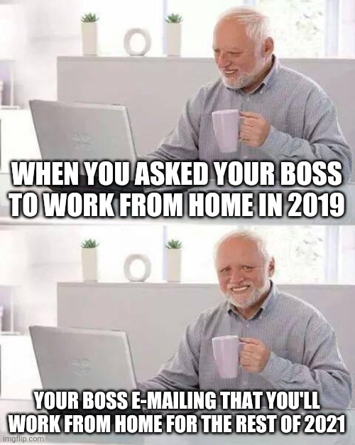 When you asked your boss to work from home in 2019... | WHEN YOU ASKED YOUR BOSS TO WORK FROM HOME IN 2019; YOUR BOSS E-MAILING THAT YOU'LL WORK FROM HOME FOR THE REST OF 2021 | image tagged in memes,hide the pain harold | made w/ Imgflip meme maker