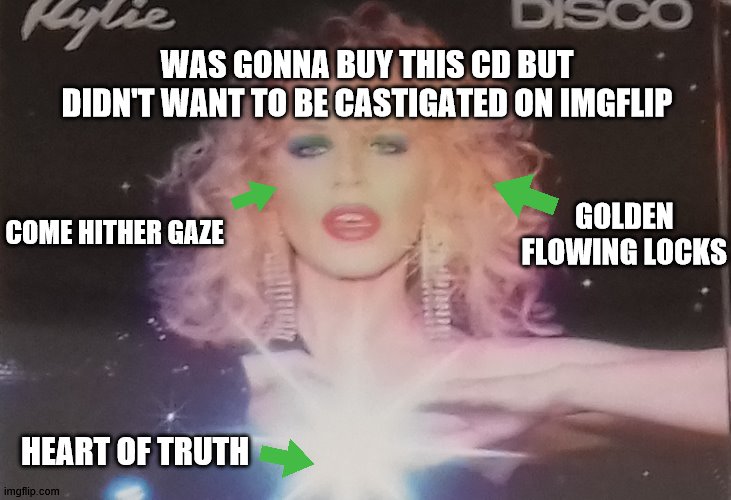 Bring back Disco. and Kylie | WAS GONNA BUY THIS CD BUT DIDN'T WANT TO BE CASTIGATED ON IMGFLIP; GOLDEN FLOWING LOCKS; COME HITHER GAZE; HEART OF TRUTH | made w/ Imgflip meme maker