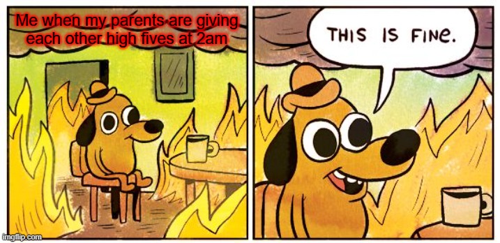 This Is Fine | Me when my parents are giving each other high fives at 2am | image tagged in memes,this is fine | made w/ Imgflip meme maker
