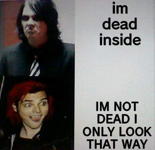 mcr reference again bc why not | im dead inside; IM NOT DEAD I ONLY LOOK THAT WAY | image tagged in gerard way hotline bling | made w/ Imgflip meme maker