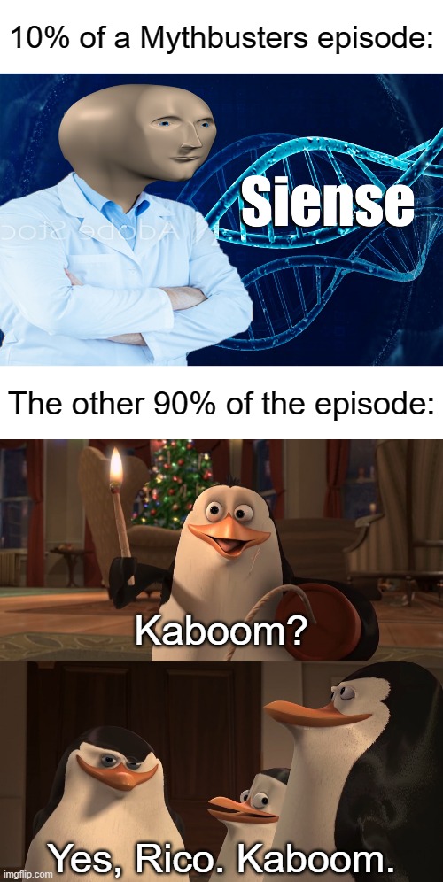 10% of a Mythbusters episode:; The other 90% of the episode:; Kaboom? Yes, Rico. Kaboom. | image tagged in madagascar penguin kaboom | made w/ Imgflip meme maker