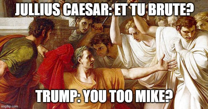 JULLIUS CAESAR: ET TU BRUTE? TRUMP: YOU TOO MIKE? | image tagged in scumbag | made w/ Imgflip meme maker