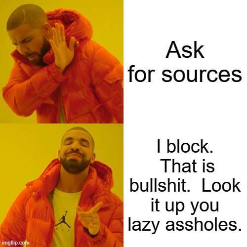Drake Hotline Bling Meme | Ask for sources I block.  That is bullshit.  Look it up you lazy assholes. | image tagged in memes,drake hotline bling | made w/ Imgflip meme maker