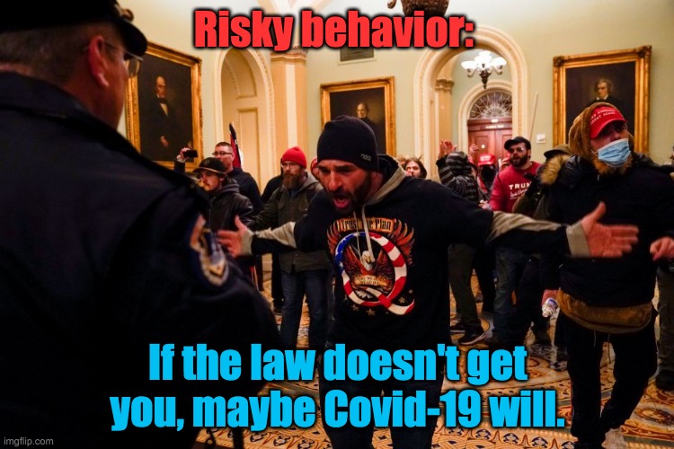 Capitol Violence | Risky behavior:; If the law doesn't get you, maybe Covid-19 will. | image tagged in trump supporters,insurrection,riots,covid-19 | made w/ Imgflip meme maker