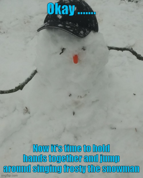 Me,my sister,and my cousins made this | Okay ....... Now it's time to hold hands together and jump around singing frosty the snowman | image tagged in snowman,frosty the snowman,memes | made w/ Imgflip meme maker