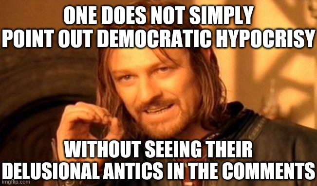 Simply simplified... | ONE DOES NOT SIMPLY POINT OUT DEMOCRATIC HYPOCRISY; WITHOUT SEEING THEIR DELUSIONAL ANTICS IN THE COMMENTS | image tagged in memes,one does not simply,democrat,democrats,delusion,cognitive dissonance | made w/ Imgflip meme maker