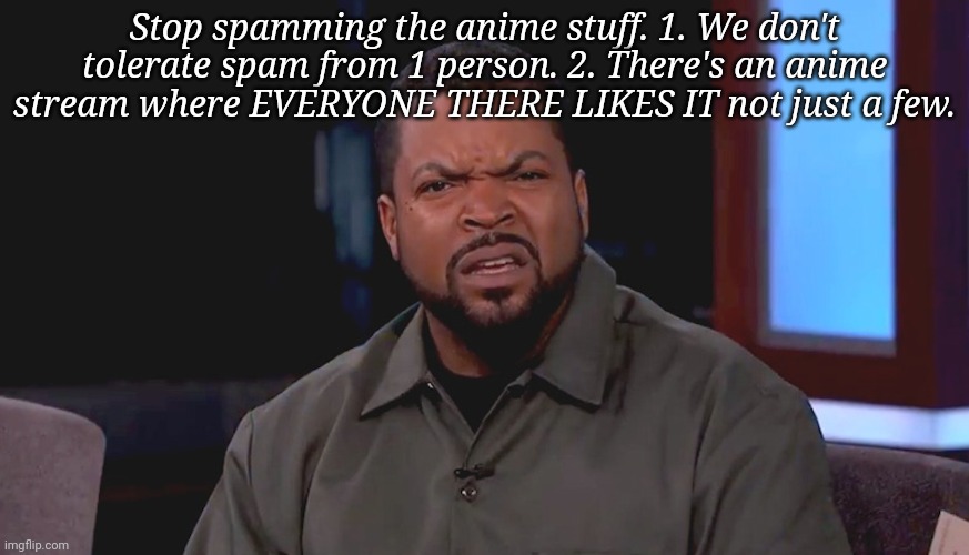 Really? Ice Cube | Stop spamming the anime stuff. 1. We don't tolerate spam from 1 person. 2. There's an anime stream where EVERYONE THERE LIKES IT not just a few. | image tagged in really ice cube | made w/ Imgflip meme maker