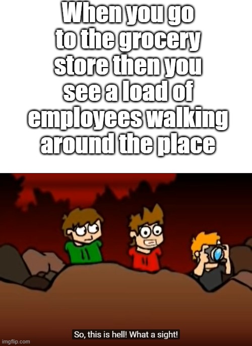 So this is Hell | When you go to the grocery store then you see a load of employees walking around the place | image tagged in so this is hell | made w/ Imgflip meme maker