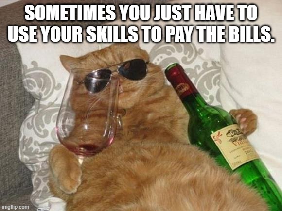 Funny Cat Birthday | SOMETIMES YOU JUST HAVE TO USE YOUR SKILLS TO PAY THE BILLS. | image tagged in funny cat birthday | made w/ Imgflip meme maker