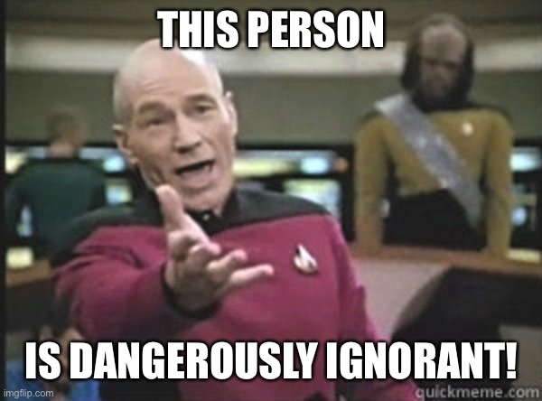 Annoyed Picard | THIS PERSON; IS DANGEROUSLY IGNORANT! | image tagged in annoyed picard | made w/ Imgflip meme maker