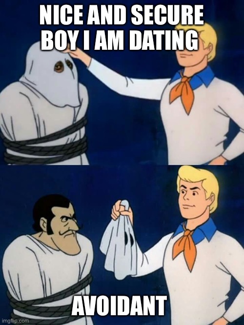 Scooby Doo Mask Remove | NICE AND SECURE BOY I AM DATING; AVOIDANT | image tagged in scooby doo mask remove | made w/ Imgflip meme maker