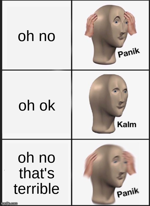 Panic calm panic except I am keeping my thoughts to myself | oh no; oh ok; oh no that's terrible | image tagged in memes,panik kalm panik | made w/ Imgflip meme maker