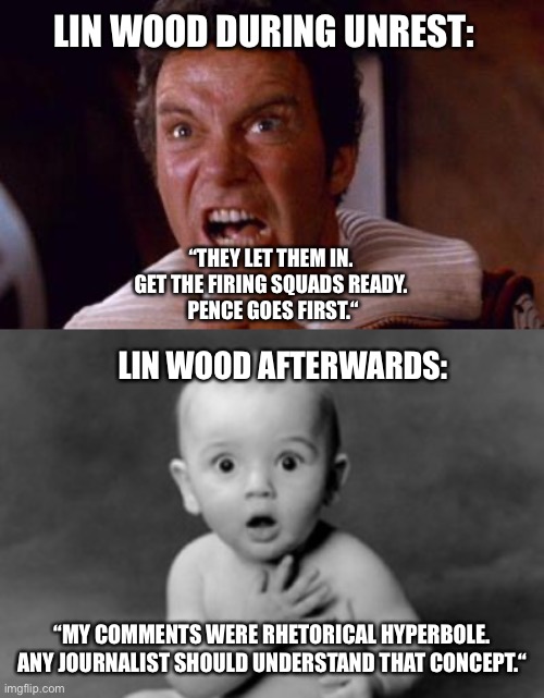 You can’t unsee this | LIN WOOD DURING UNREST:; “THEY LET THEM IN. 
GET THE FIRING SQUADS READY. 
PENCE GOES FIRST.“; LIN WOOD AFTERWARDS:; “MY COMMENTS WERE RHETORICAL HYPERBOLE. ANY JOURNALIST SHOULD UNDERSTAND THAT CONCEPT.“ | image tagged in khan,baby being innocent,memes | made w/ Imgflip meme maker