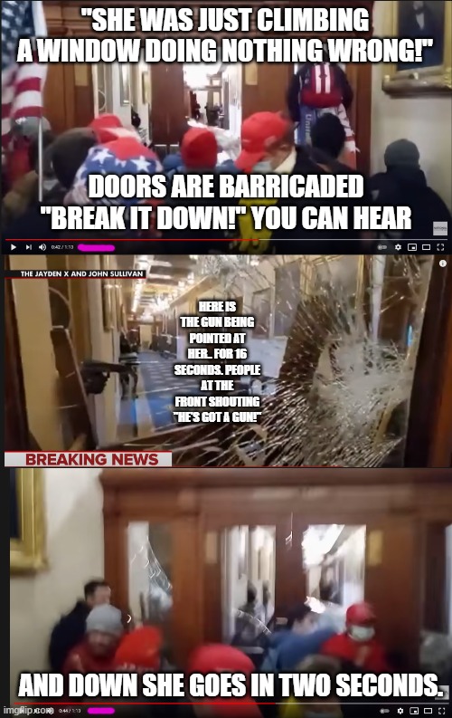 Ashlii Babbit was not "Doing nothing" she was not "Climbing in from outside" and she was not innocent. | "SHE WAS JUST CLIMBING A WINDOW DOING NOTHING WRONG!" DOORS ARE BARRICADED "BREAK IT DOWN!" YOU CAN HEAR HERE IS THE GUN BEING POINTED AT HE | image tagged in capitol hill,riot,maga,sedition,lies by the right | made w/ Imgflip meme maker