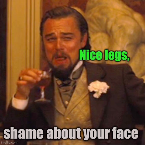 Laughing Leo Meme | Nice legs, shame about your face | image tagged in memes,laughing leo | made w/ Imgflip meme maker